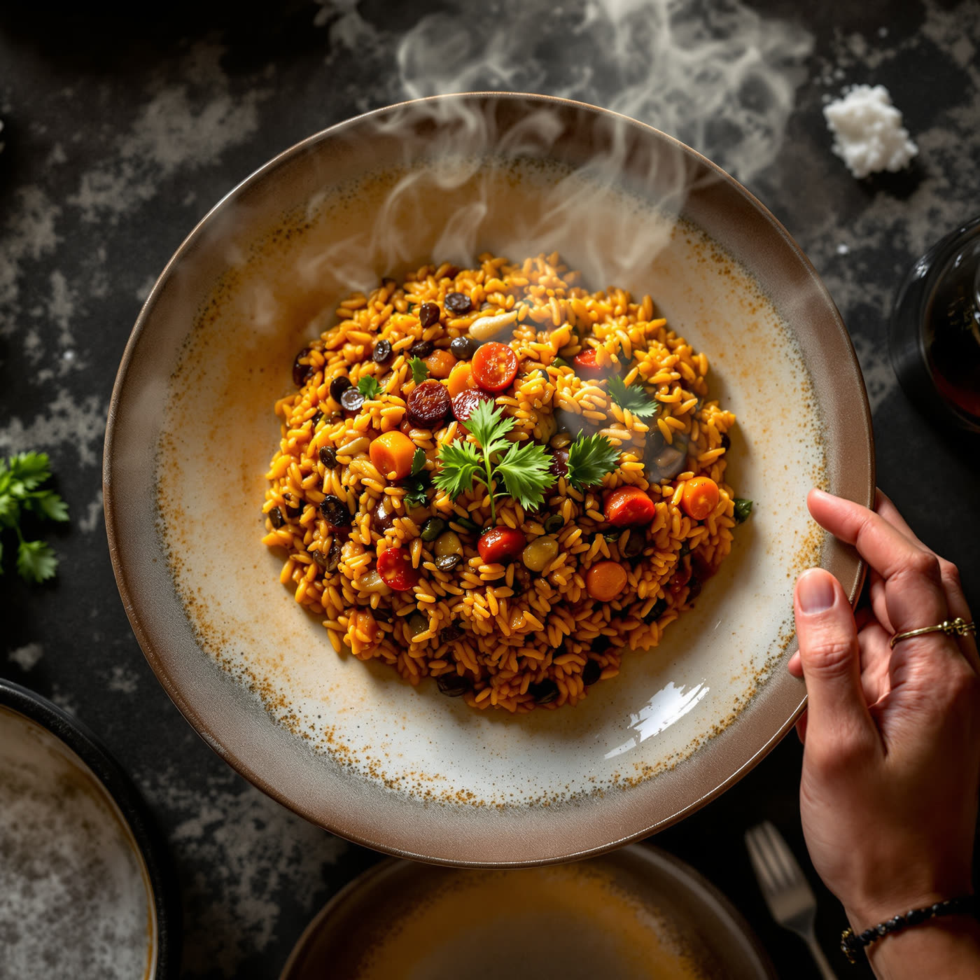 Jollof plating, top-down